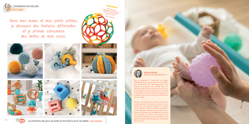 capture d'écran d'un catalogue pour bébé de 0 à 24 mois avec des jeux et jouets adaptés ainsi que des conseils de professionnels sur le développement psychomoteur et l'éveil de bébé, blog wesco