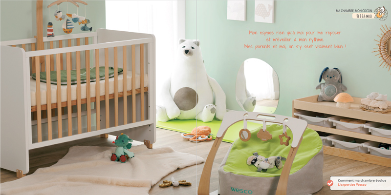 capture d'écran d'un catalogue pour bébé de 0 à 24 mois avec des jeux et jouets adaptés ainsi que des conseils de professionnels sur le développement psychomoteur et l'éveil de bébé, blog wesco