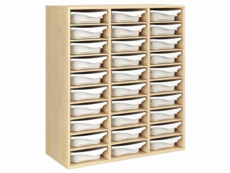 Meuble mélaminé 27 étagères et 30 bacs de rangement en plastique blog wesco